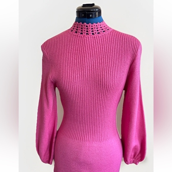 Vintage 70s Dolphin California Hand Knit Pink Maxi Gown Dress w/ Slit - Picture 2 of 14